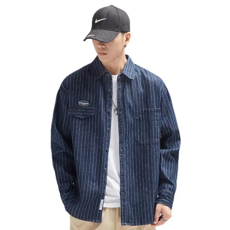 2022 New Men's Stripe Denim Pocket Button Fashion Street Fit Large Casual Long Sleeve Shirt
