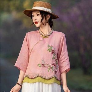 Women's Cotton Linen Embroidered Color Block Short Sleeve Top With Contrast Binding Breathable Artistic Retro Chinese Style - Product Image 2