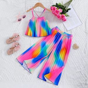 4-7Y abbigliamento estivo per <span class=keywords><strong>bambina</strong></span> bretelle colorate plissettate <span class=keywords><strong>pantaloni</strong></span> larghi 2 pezzi vestiti per bambini - Product Image 4