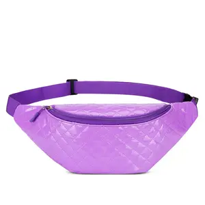 Borsa olografica da viaggio in metallo per marsupio da donna a vita lucida da donna con strass in pelle viola trapuntato con diamanti