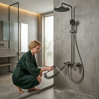 Ensemble de robinetterie de douche et de bain gris anthracite avec système de douche pluie, douchette bidet et étagère de salle de bain 3 voies