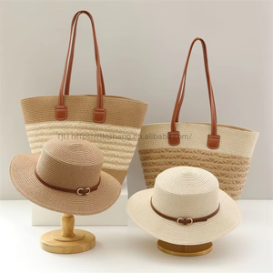 French Flat Straw Bag With Hat Fashion Women's Large Capacity 2 Pieces <b>Tote</b> Bag Seaside Holiday Handbag Shoulder Bag - Product Image 3