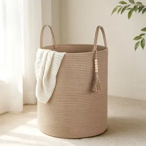 Cotton <b>Rope</b> Laundry <b>Basket</b> Tall Woven Hamper with Handles Foldable Decorative Storage for Clothes Kids' Toys Living Room Bedroom - Product Image 1