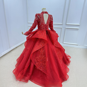 Robe de demoiselle d'honneur de luxe Wn1796, rouge, à fleurs, avec dentelle perlée, col haut, robe de bal de princesse, longueur au sol, 100% polyester, pour mariage ou fête d'enfants - Product Image 5