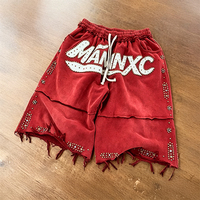 Pantalones Cortos Deportivos Personalizados con Bordado de Diamantes de Imitación, Estilo Vintage, Lavado Ácido, Desgastados, Holgados, 3/4 de Largo para Hombre