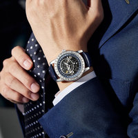 Montre pour homme, mode, affaires, bracelet en cuir, luxe, diamant, ciel étoilé, phase de lune, luminescente, date, montre à quartz