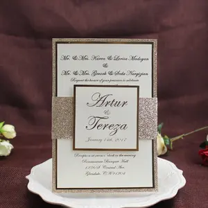Lujosas tarjetas de invitación de boda con purpurina dorada personalizadas con cintas e invitaciones de compromiso personalizadas, tarjeta de invitación de cumpleaños