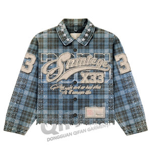 <span class=keywords><strong>Giacca</strong></span> <span class=keywords><strong>di</strong></span> Jeans a Quadri Personalizzata Streetwear da <span class=keywords><strong>Uomo</strong></span> con Colletto a Stella, Patch Ricamate, <span class=keywords><strong>Paillettes</strong></span>, Strass e Bordi Distressed - Product Image 2