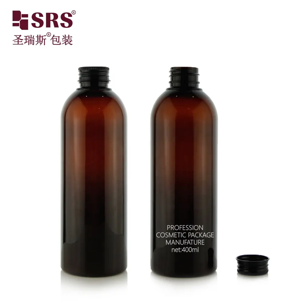 SRS New Großhandel 400 ml runde Flasche Kunststoff PET braun Schraubverschluss umweltfreundliche Shampooflasche