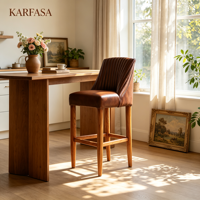 Tabouret de bar en cuir à dossier haut, chaise en bois massif, siège de comptoir avec repose-pieds pour bar à domicile, îlot de cuisine