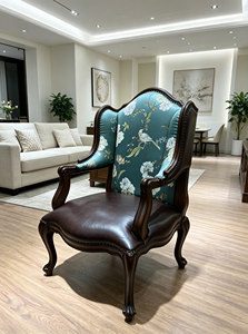 Two Tone Wingback Solid Wood Accent Chair Floral Jacquard Fabric <b>Dark</b> Brown PU Rivet Trim Cabriole Leg Living <b>Room</b> Armchair - Product Image 2