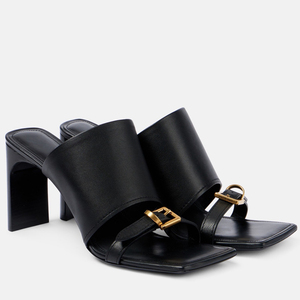 Sandalias de tacón alto y grueso con hebilla metálica y punta cuadrada abierta para mujer, estilo mule. - Product Image 4