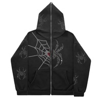Sudadera con capucha y cremallera completa para hombre, oversize, negra, con bordado 3D, lavado ácido, pedrería y detalles de tela, estilo streetwear gótico Y2K, de invierno, con bolsillo y diseño de araña