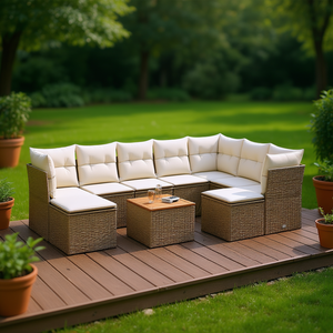 Ensemble de canapés de jardin en rotin beige avec coussins en mousse haute densité, mobilier d'extérieur au design contemporain, durable pour usage en terrasse - Product Image 3