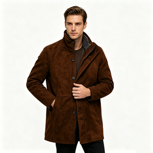Manteau long en faux <span class=keywords><strong>daim</strong></span> de qualité supérieure pour homme, doublure Sherpa, col montant, fermeture à double zip et boutons, veste chaude décontractée et élégante pour le travail - Product Image 1