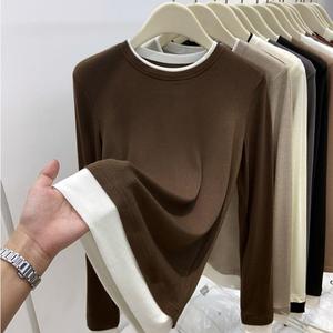 Camiseta Térmica de Manga Larga con <span class=keywords><strong>Cuello</strong></span> <span class=keywords><strong>Redondo</strong></span> para Mujer, Prenda Interior, Diseño de Bloques de Color, Estilo Otoño Invierno, Terciopelo - Product Image 2