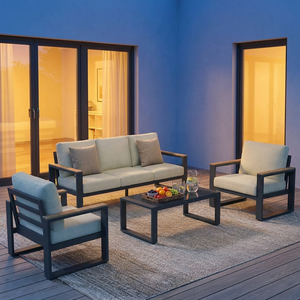 Conjunto de Muebles Minimalistas para Patio, Sofá de Metal para Exteriores con Decoración de Madera Sintética, Sofá Seccional de <span class=keywords><strong>Aluminio</strong></span> Gris de Lujo para Balcón - Product Image 6