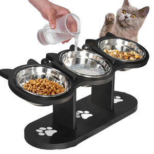 Adjustable Rounded Stylish Solid Pattern Waterproof <b>Ceramic</b> <b>Dog</b> Cat Food Water Bowl Elevated Wood Bamboo Stand - Product Image 1