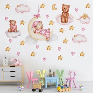 Funlife PY009 fantezi pembe suluboya duvar çıkartmaları oyuncak ayı üzerinde uyuyan ay bebek odası duvar sticker