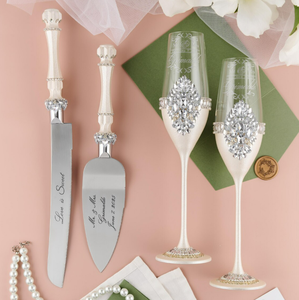 Ensemble de verres à vin en cristal personnalisables ODM/OEM, créatifs pour mariage, avec flûtes à <span class=keywords><strong>champagne</strong></span> et couteau à gâteau/spatule pour occasions spéciales - Product Image 1