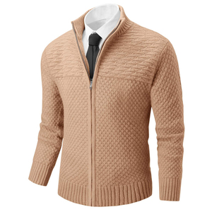 Suéter Masculino de Tricô Texturizado com Zíper Frontal e Gola Alta, Manga Longa, Casual e Quente, Cor Bege, para Outono - Product Image 1