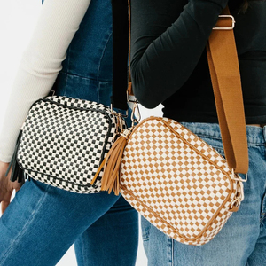 Sac bandoulière tissé à motif damier pour femme en PU, sac à main de <span class=keywords><strong>voyage</strong></span> avec sangle réglable et pompon - Product Image 3