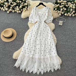 Abito elegante da sera da donna elegante da donna con maniche a pois a sbuffo in pizzo a trapezio con lunghezza <span class=keywords><strong>Midi</strong></span> Vestidos drappeggiati a mano - Product Image 3