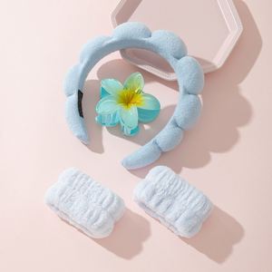 Ensemble de bandeaux en peluche motif nuage floral pour femme, en flanelle et éponge, imperméable, pour le lavage du visage, le spa et le maquillage, avec pinces à cheveux - Product Image 2