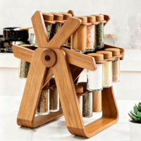Étagère à épices en bois durable en forme de grande roue, design rotatif créatif avec bocaux à couvercle en bois pour la cuisine des chefs gourmets