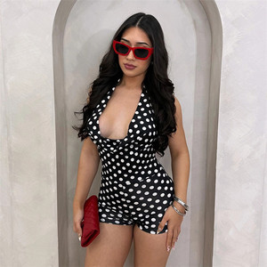 Combinaison moulante noire et blanche à pois rétro, sexy, col en V, dos nu, pour <span class=keywords><strong>femme</strong></span>, <span class=keywords><strong>combishort</strong></span> d'été - Product Image 2