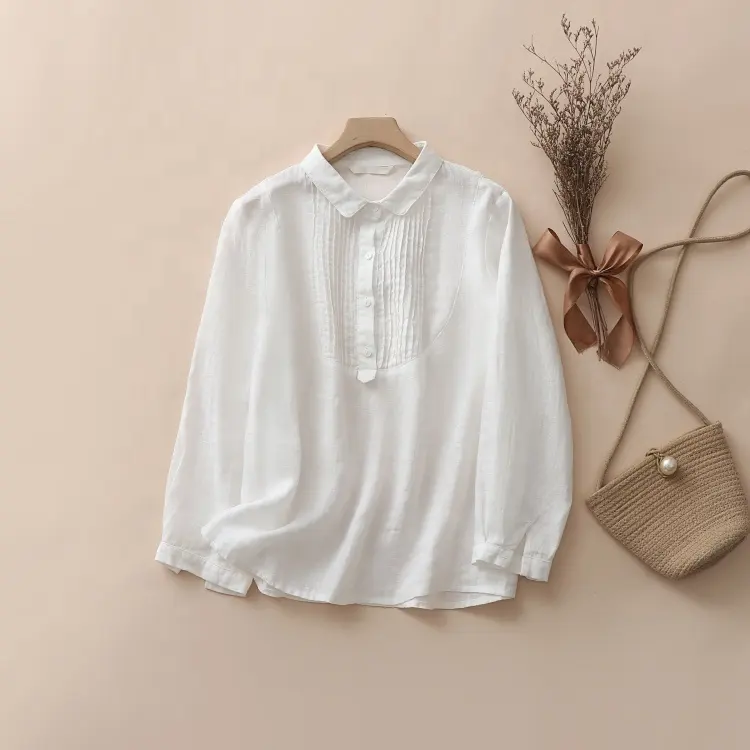 Proveedor de ropa para mujer Camisa de manga larga para mujer Estilo retro informal Diseño original Camisa de color sólido con solapa
