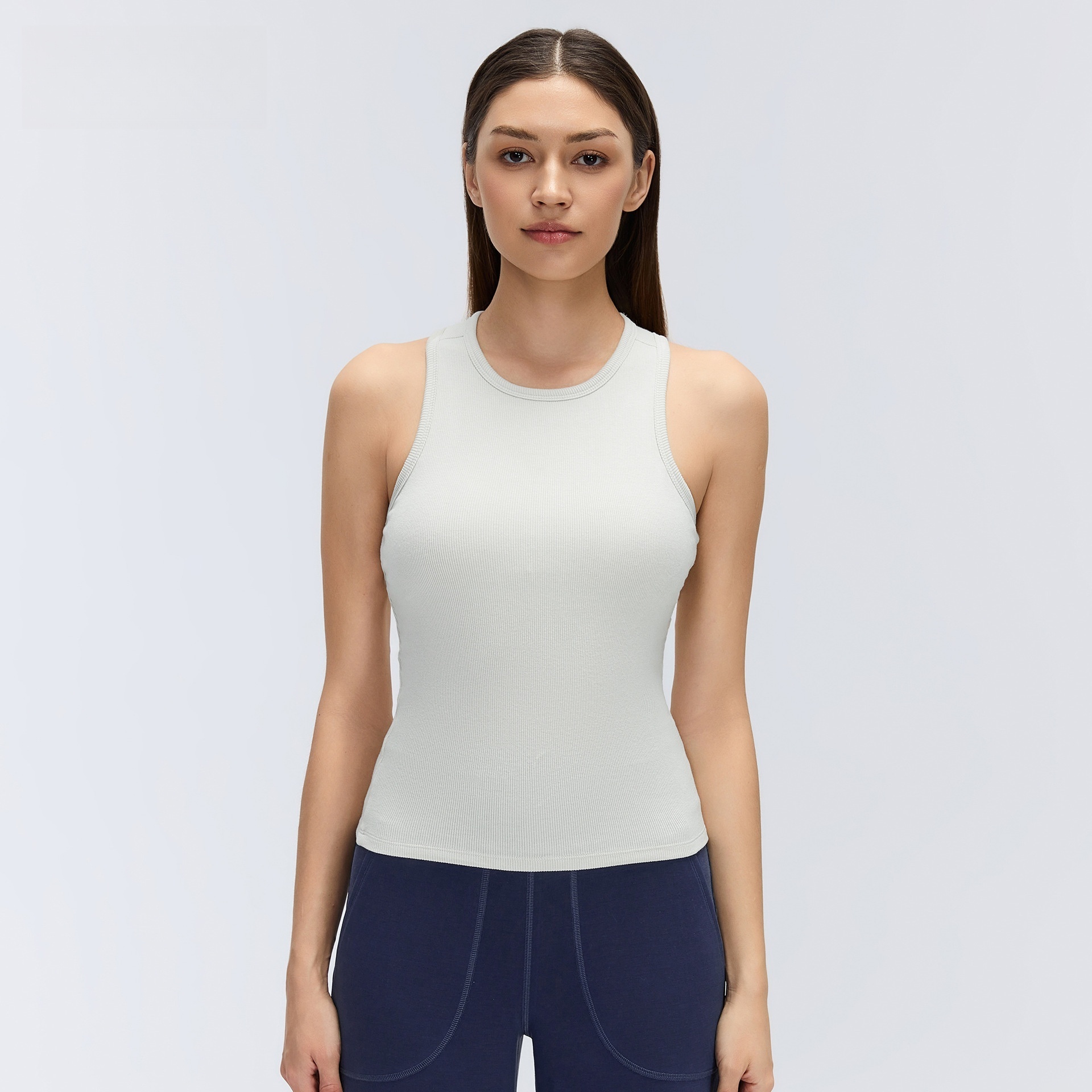 Women's Breathable Sports Vest with Chest Pads Ribbed Round Neck Slim Fit Sleeveless Gym Tank Top