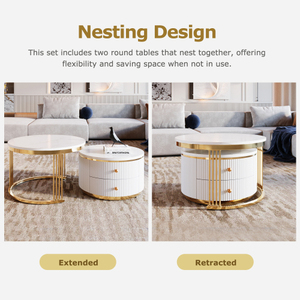 Modern 2 Pieces <b>White</b> <b>Round</b> Nesting Coffee <b>Table</b> with Drawers Eco-Friendly & Decorative - Product Image 6