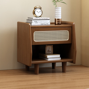 Modern Minimalist Nightstand Solid Wood Storage Cabinet Bedroom Side <b>Table</b> With <b>Rattan</b> Panel Design - Product Image 2