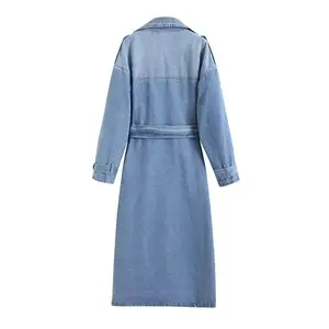 Spring 2024 Stylish Women'S Fashion Washed Blue Jacket Floor-Length Double-Breasted Long Denim Trench Coats For Ladies Women