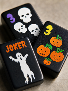 Ensemble de Mahjong de Luxe <span class=keywords><strong>Noir</strong></span> Mat Halloween 166 Tuiles avec Motifs Araignée <span class=keywords><strong>Orange</strong></span>, Crâne, Crak, Fantôme, Bam, Sac en Velours, Cadeau - Product Image 5