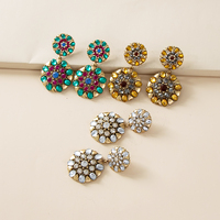 Bijoux Vintage plaqué or diamant fleur pendentif boucles d'oreilles strass cristal Double rond boucles d'oreilles goutte