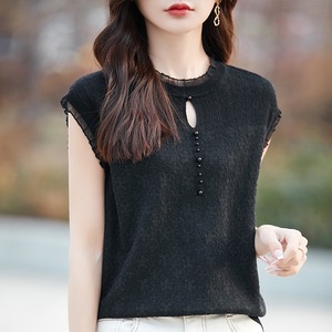 T-shirt en tricot sans manches pour femme, avec dentelle et perles, tendance - Product Image 6