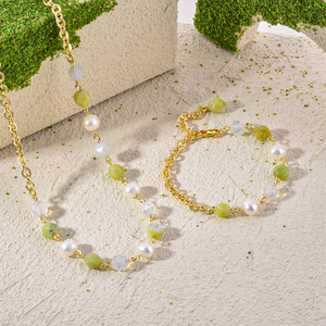 Conjunto de Collar y Pulsera de Bisutería Bohemia, Chapado en Oro de 18K, Cuentas Hechas a Mano con Piedras Naturales Irregulares, Gargantilla de Playa - Product Image 3