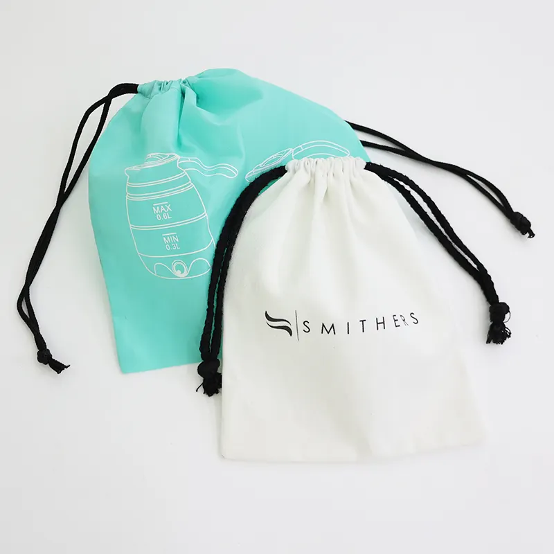 Küçük çevre dostu beyaz Muslin hediye kesesi özel Logo büzgülü pamuklu çanta