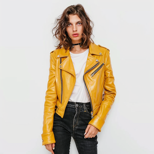 <span class=keywords><strong>Veste</strong></span> de motard <span class=keywords><strong>en</strong></span> <span class=keywords><strong>simili</strong></span> <span class=keywords><strong>cuir</strong></span> pour femme, couleur moutarde unie, manches longues, sur mesure <span class=keywords><strong>en</strong></span> gros - Product Image 4