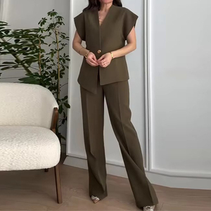 Nouvelle Collection : Ensemble Décontracté d'Été pour Femme – Blazer Style <span class=keywords><strong>Gilet</strong></span> à Manches Courtes et Pantalon Long, Respirant et Écologique, Idéal pour le Bureau - Product Image 1