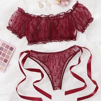 Europees-Amerikaanse plus size off-shoulder full cup sexy lingerie kant ademende bikini tweedelige doorschijnende set