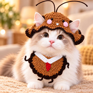 Conjunto de gorro y babero de ganchillo para mascotas, disfraz de animal adorable, gorro tejido con cuello para gatos y perros, accesorio con patrón personalizable - Product Image 1
