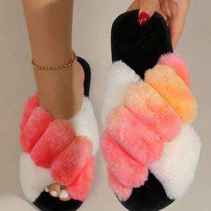 Chaussons personnalisés pour femmes, doux et moelleux, à bout ouvert, avec brides croisées, color block, tendance hiver, antidérapants - Product Image 3