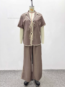 Women's Contrast Trim 2 Piece <b>Set</b> - <b>Tie</b> Front Short Sleeve Shirt & Wide Leg Pants African Women <b>Sets</b> Fashion - Product Image 6