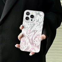 Funda Protectora para Teléfono Móvil con Estampado de Lazo Rosa Dulce y Patrón de Seda Plateada para iPhone 8 X Xr Xs Max 11 12 13 14 15 16 17 Air