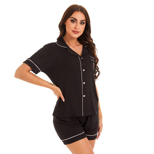 Conjunto de pantalones cortos de manga corta informales de verano <span class=keywords><strong>para</strong></span> <span class=keywords><strong>mujer</strong></span> <span class=keywords><strong>para</strong></span> explosiones de <span class=keywords><strong>Amazon</strong></span>, pijama fino Modal, cintura elástica, ropa de casa de Color sólido - Product Image 4