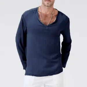 Linen材料の国際スタイルゆったり男性のvネックソリッド長袖リネンT-shirt
