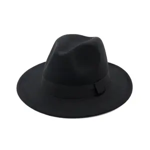Fashion Men's Stylish 100% Wool Felt Wide Brim Fedora Printed Band Black Hat